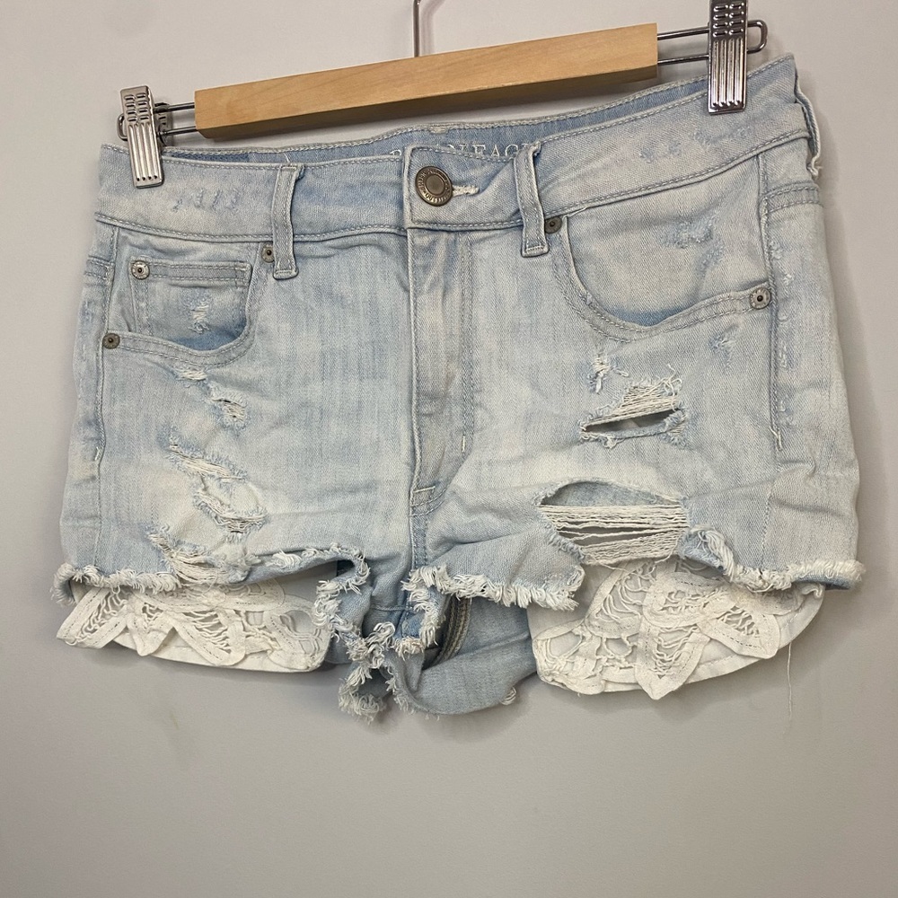 American Eagle - Mid rise Shortie distressed Jean shorts with lace peekaboo